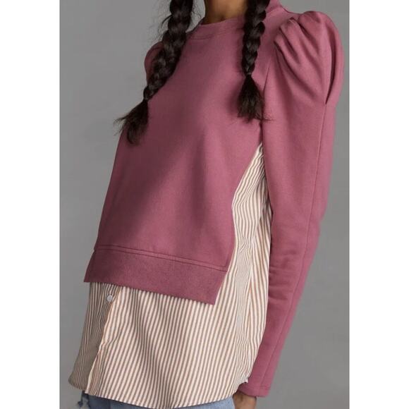Anthropologie Maeve Top Women XS Pink Layered Tunic Puff Sleeve Preppy Academia - Picture 3 of 10
